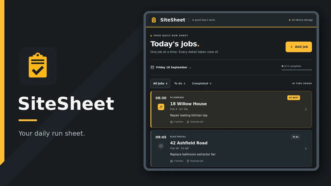 SiteSheet's card art: the app name and tagline beside a screenshot of today's jobs list on a dark palette with yellow accents